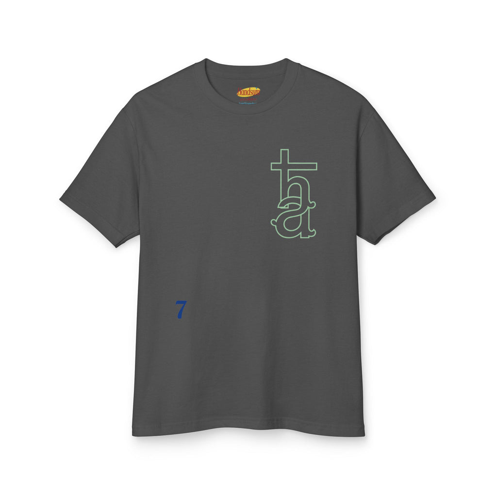 Dark gray graphic T-shirt front with green monogram and small blue number 7