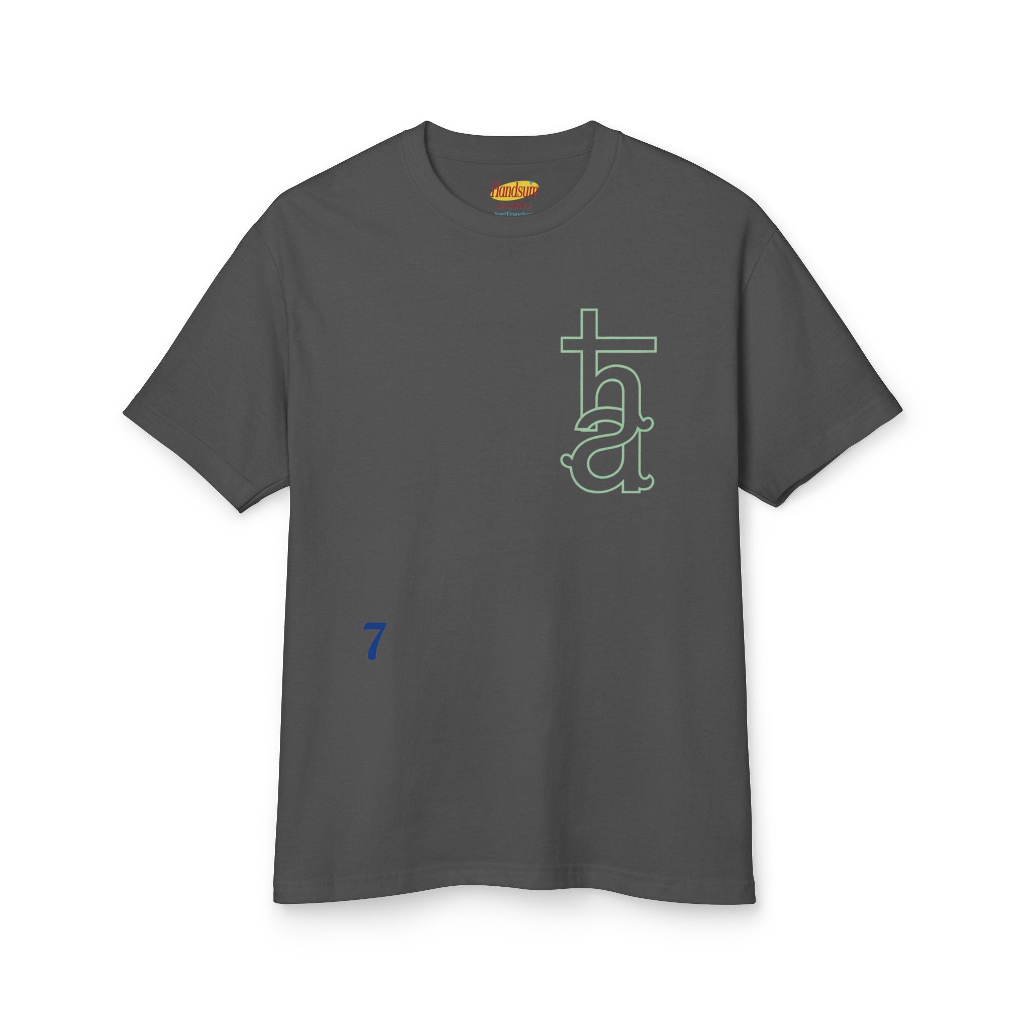 Dark gray graphic T-shirt front with green monogram and small blue number 7
