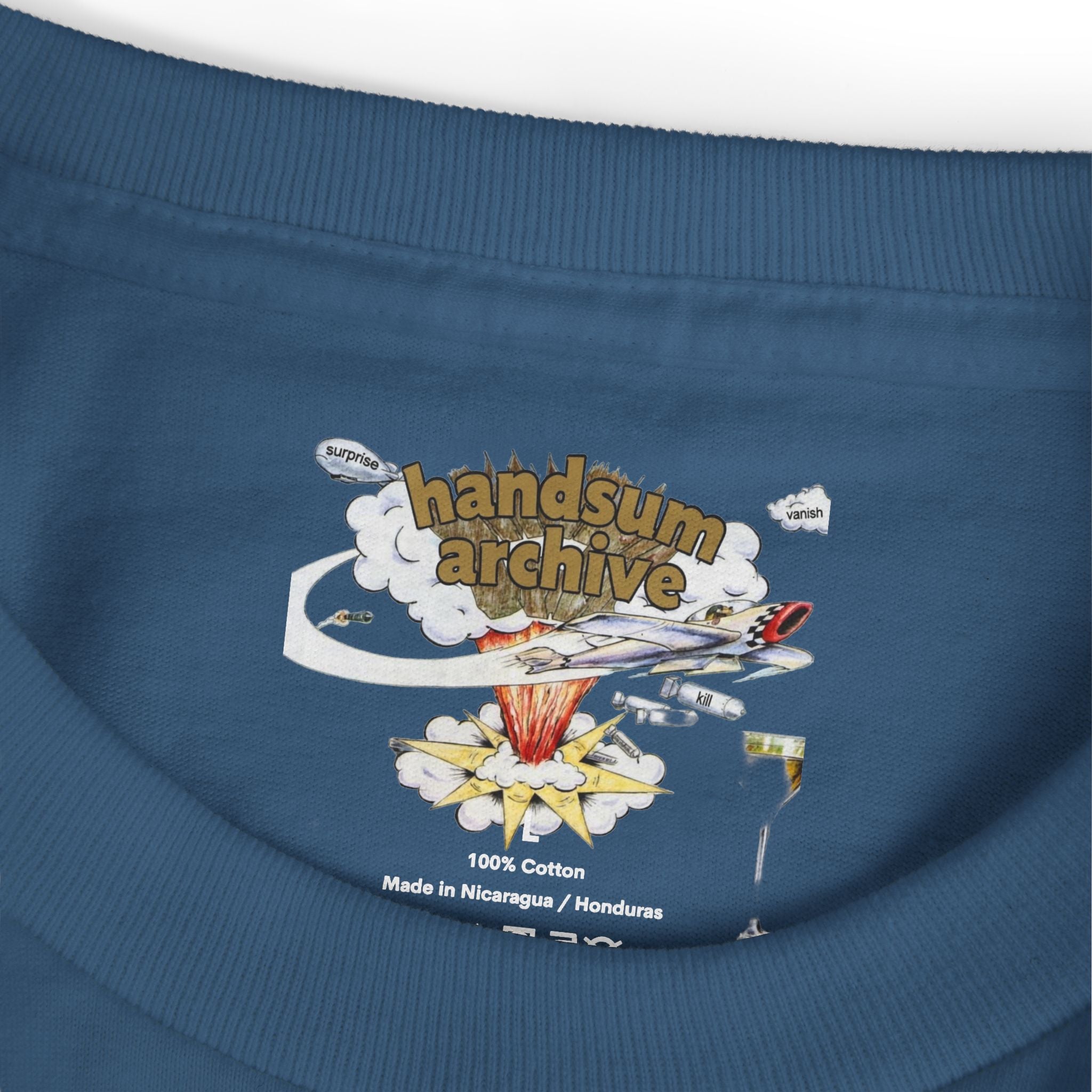 Faded navy generational tee with handsum archive graphic close-up