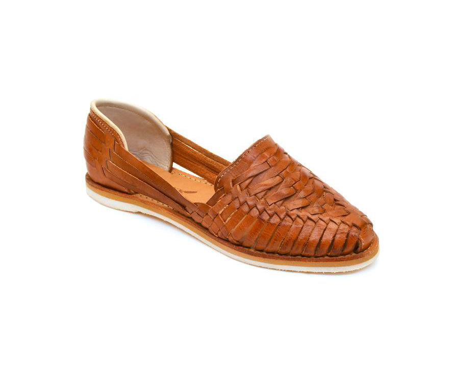 Tan-brown woven slip-on huarache sandal with braided upper and rounded toe