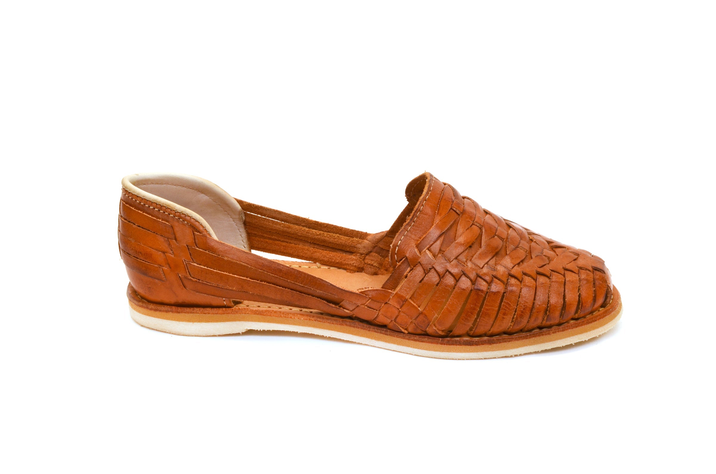 Brown woven huarache sandal with braided leather upper and low white sole