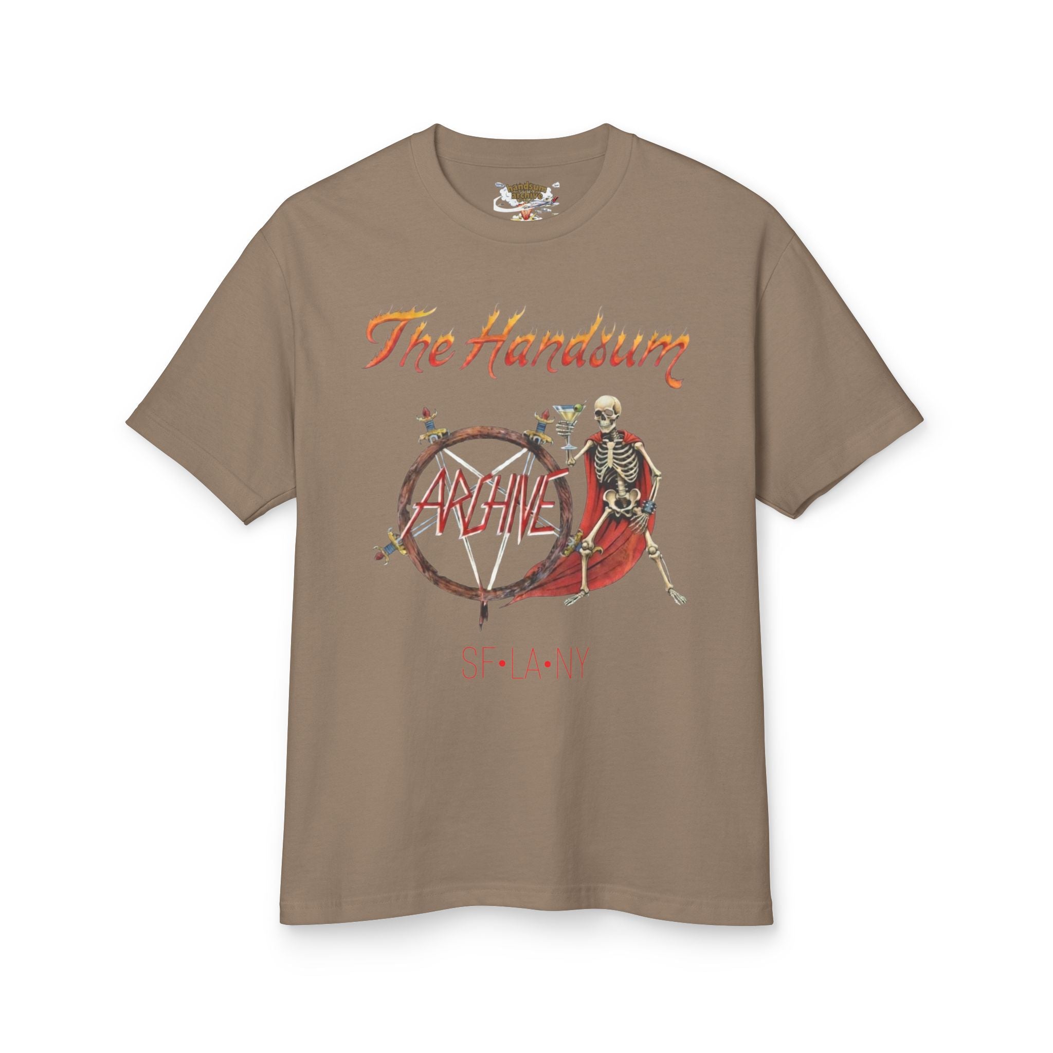 Faded brown crewneck Slayer Generational tee with skeleton bicycle graphic on front