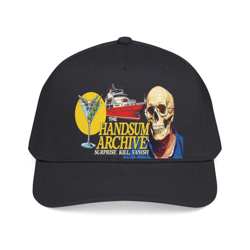 Black baseball cap with front skull and cocktail graphic, curved brim and eyelets