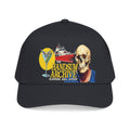Black baseball cap with front skull and cocktail graphic, curved brim and eyelets