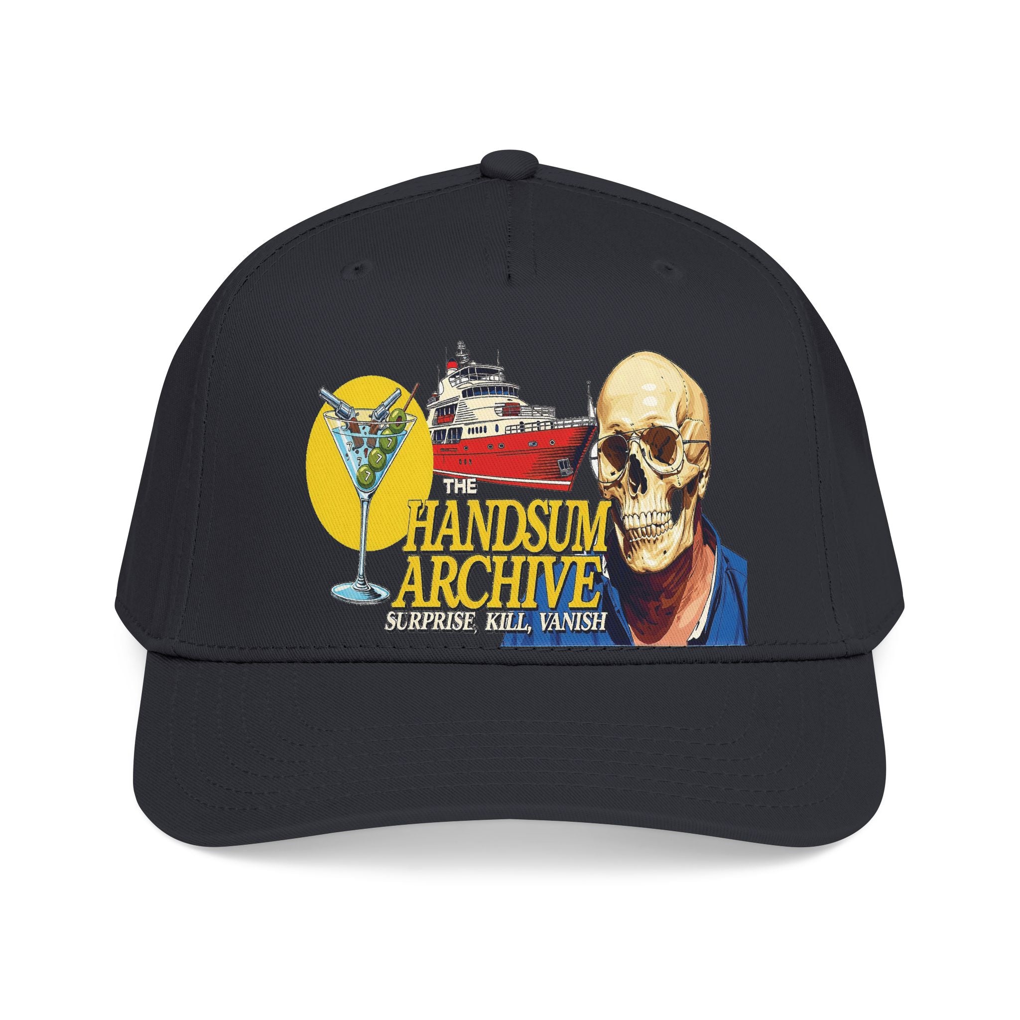 Black baseball cap with front skull and cocktail graphic, curved brim and eyelets