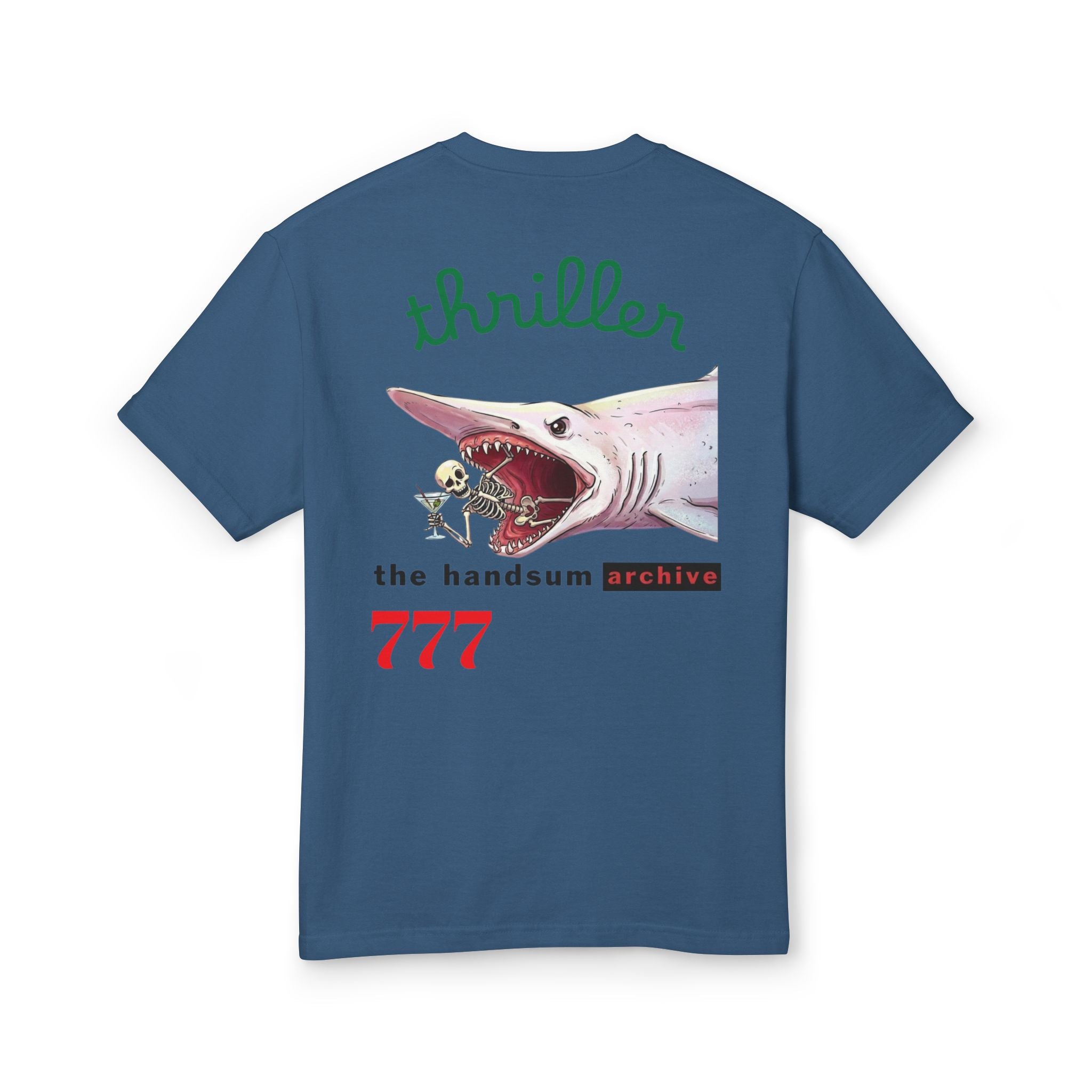 Blue short-sleeve T-shirt with front shark graphic and “777” print