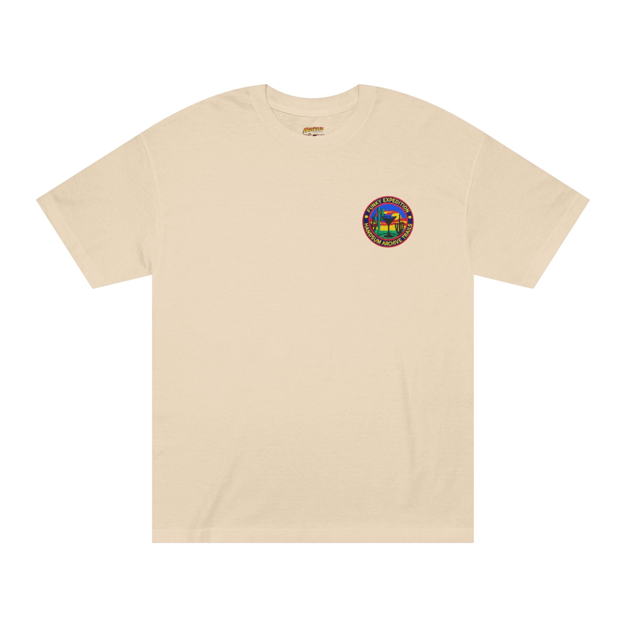 Sand crewneck tee with small round chest logo patch