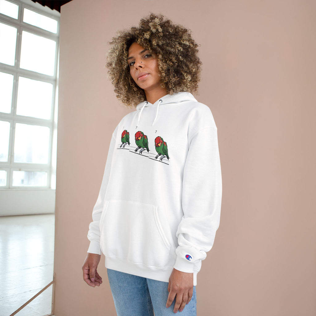 White pullover hoodie with bird lineup graphic on chest, drawstring hood, front pocket.
