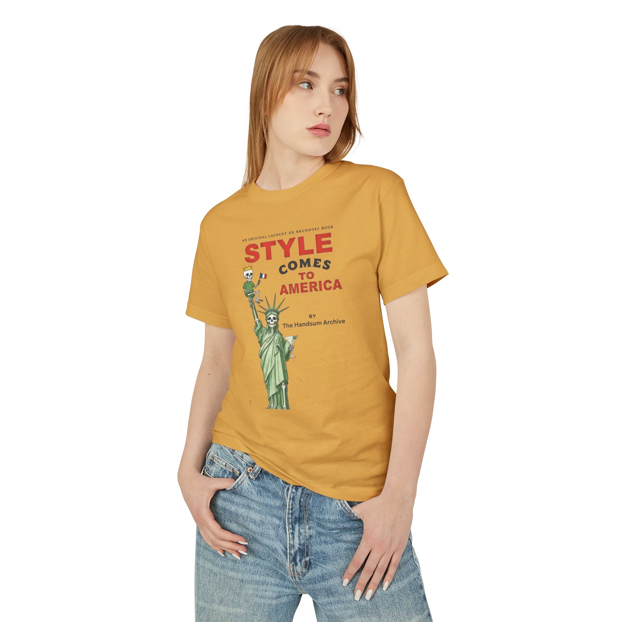 Faded mustard crewneck tee with Statue of Liberty-style front print