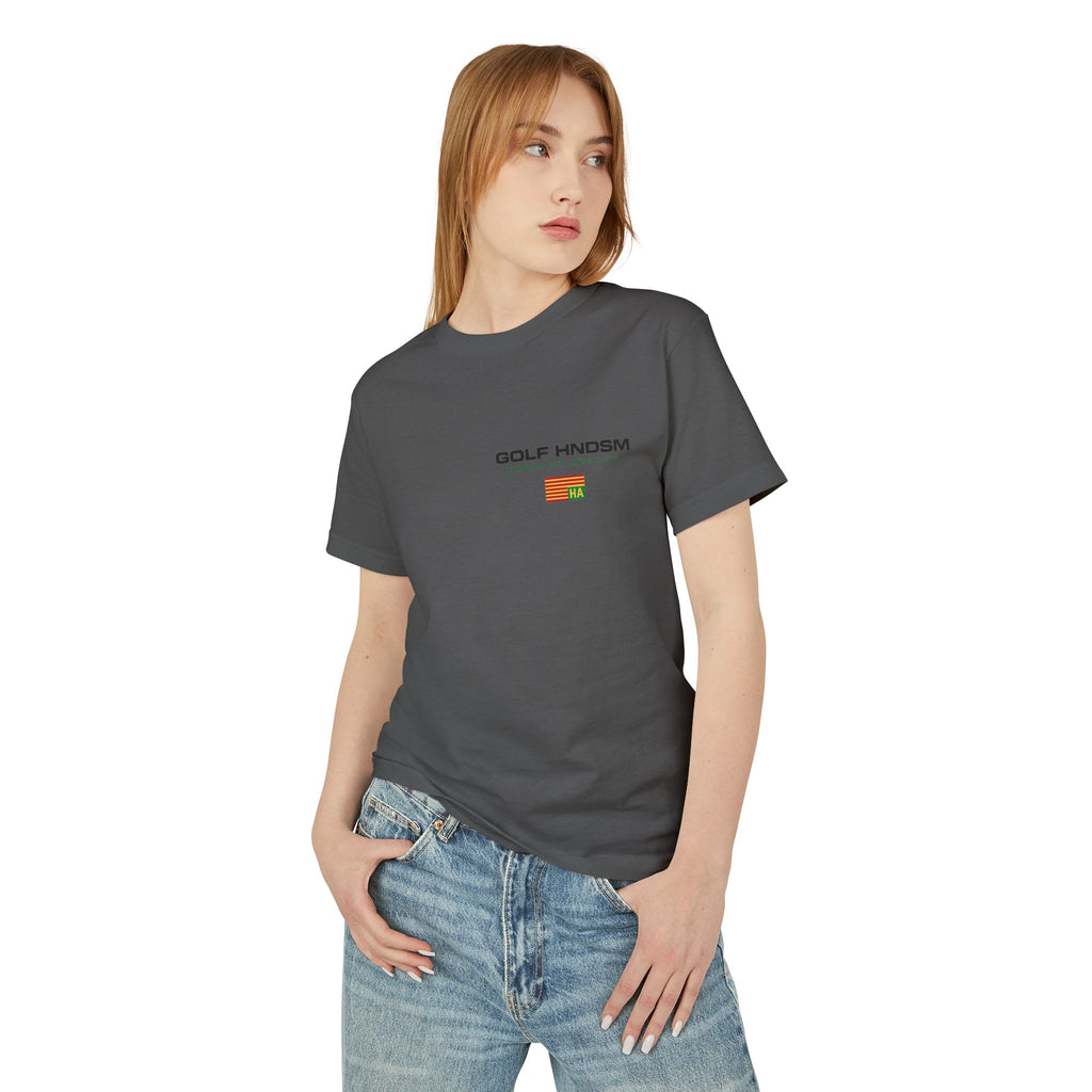 Dark gray crew-neck tee worn by model with small chest logo