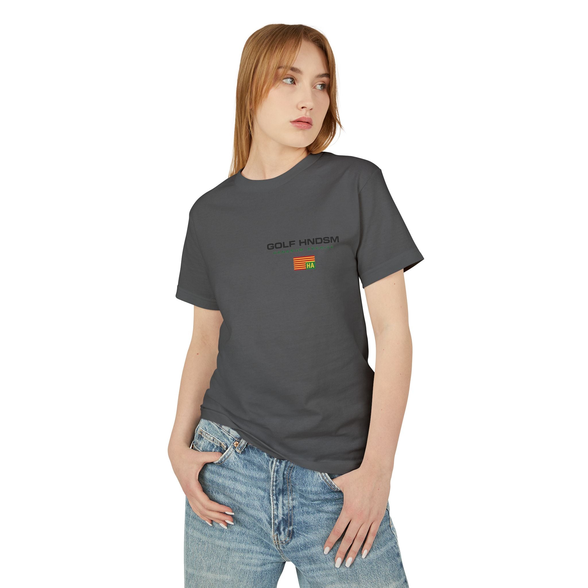 Dark gray crew-neck tee worn by model with small chest logo