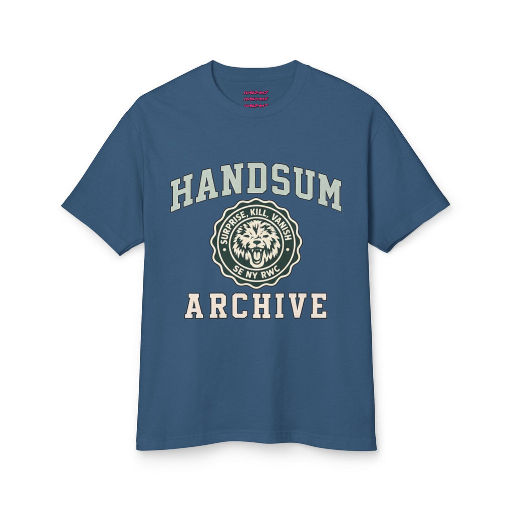 Blue graphic crew-neck T-shirt with “HANDSUM ARCHIVE” logo on the front.