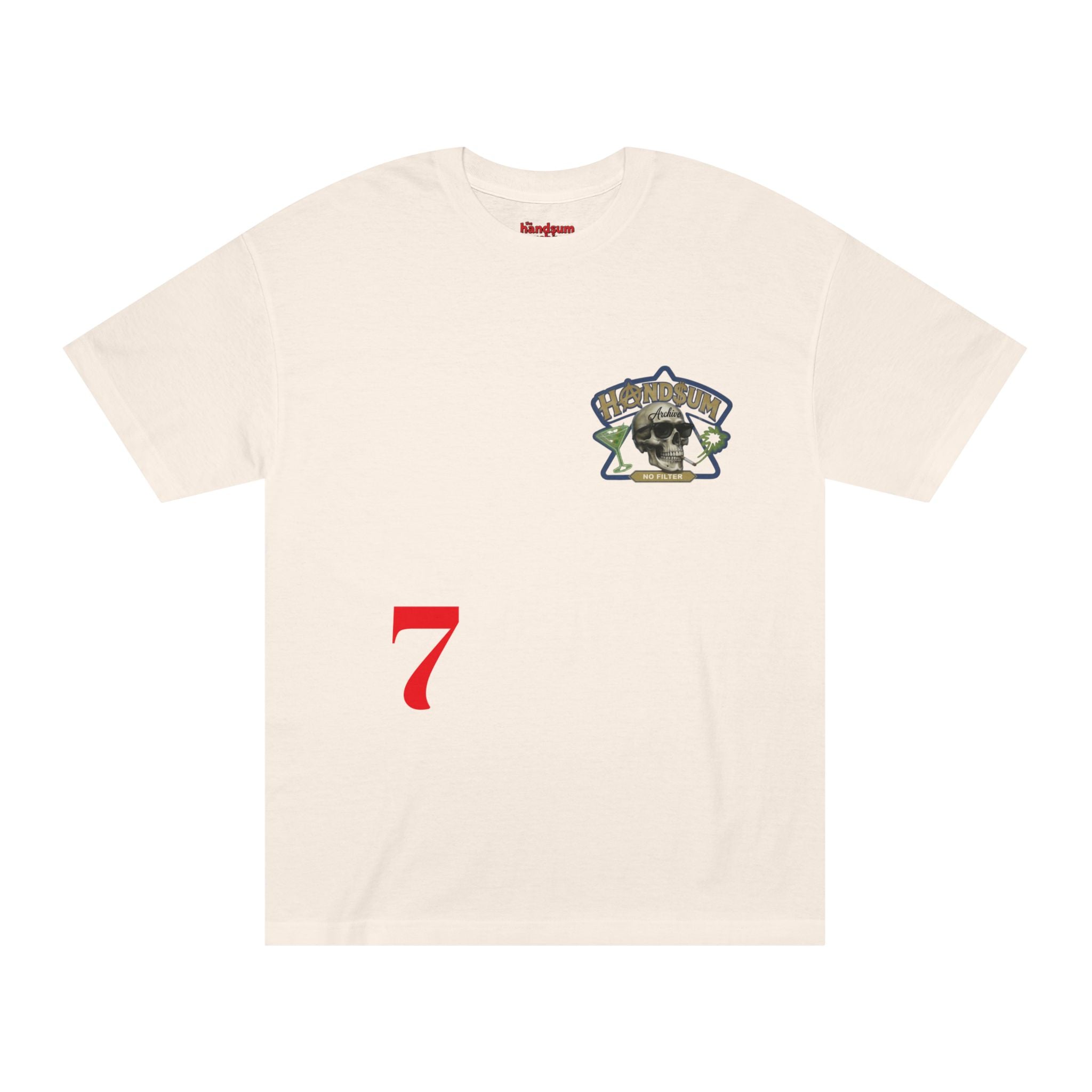 Cream graphic T-shirt with motorcycle skull patch logo and red number 7 on front