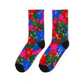 Pair of crew socks with tropical multicolor bird floral print, black toe and heel