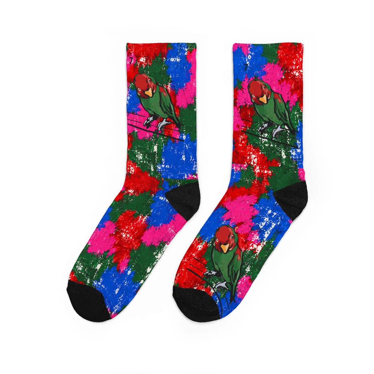 Pair of crew socks with tropical multicolor bird floral print, black toe and heel