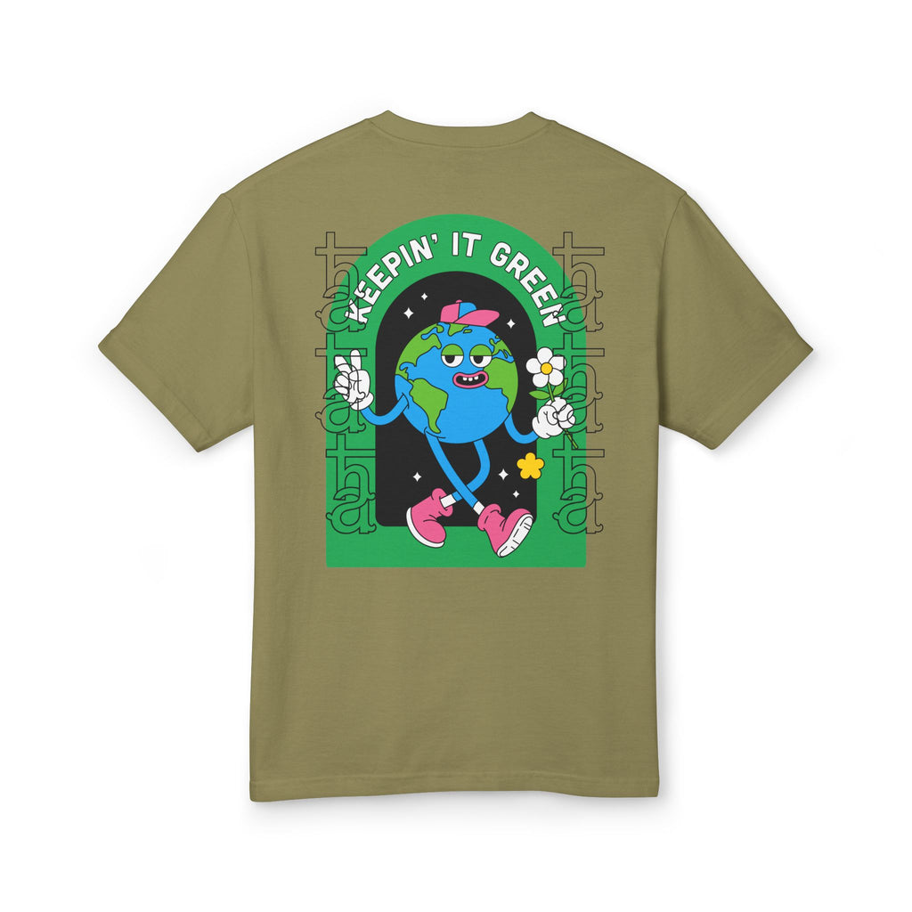 Olive daily tee with back graphic globe character and text 'Keepin' It Green'
