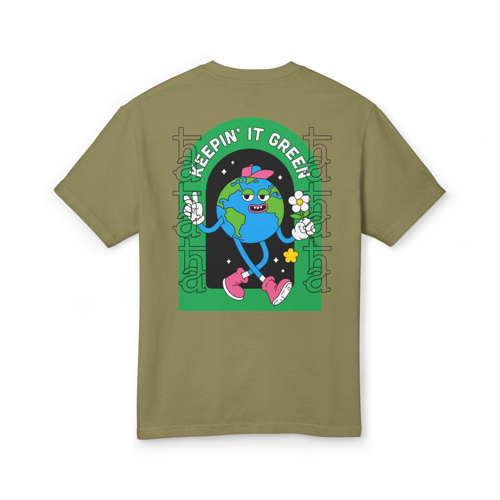 Olive daily tee with back graphic globe character and text 'Keepin' It Green'