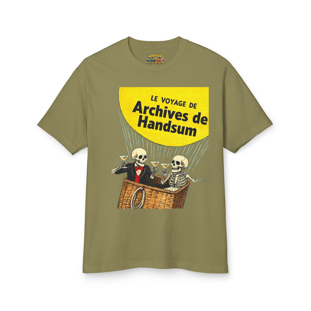 Olive crewneck T-shirt with yellow “Le Voyage de Archives de Handsum” graphic
