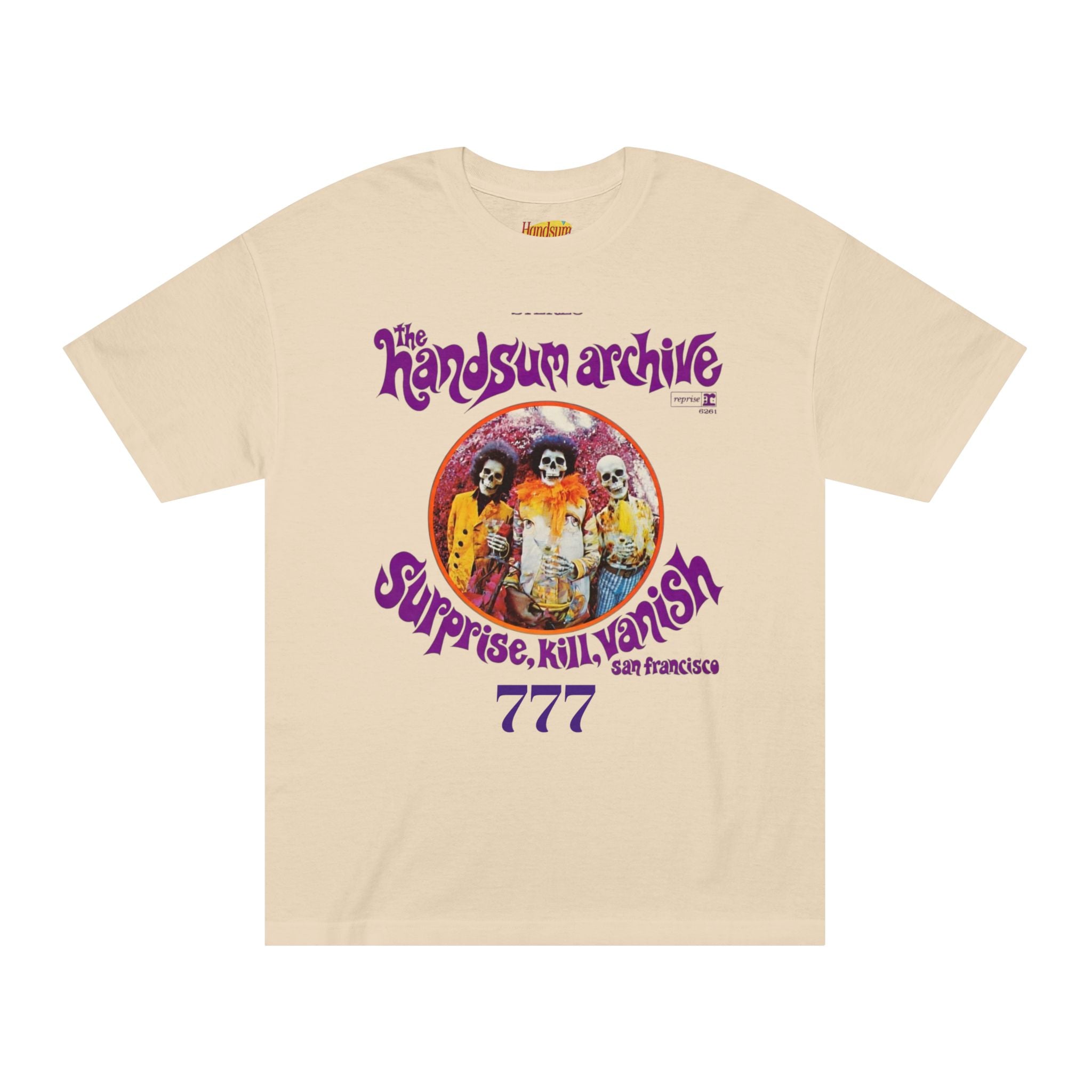 Sand T-shirt with purple logo and skull circle graphic, short sleeves