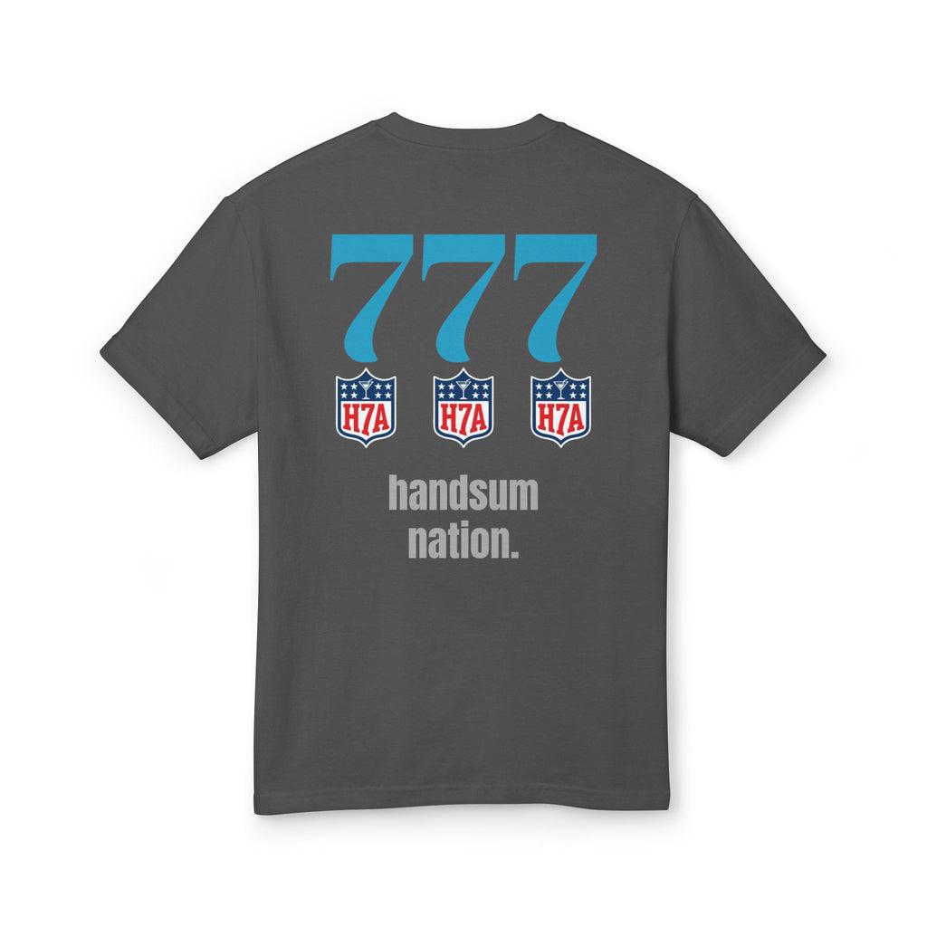 Charcoal cotton T-shirt back print: three 777 icons and handsum nation text