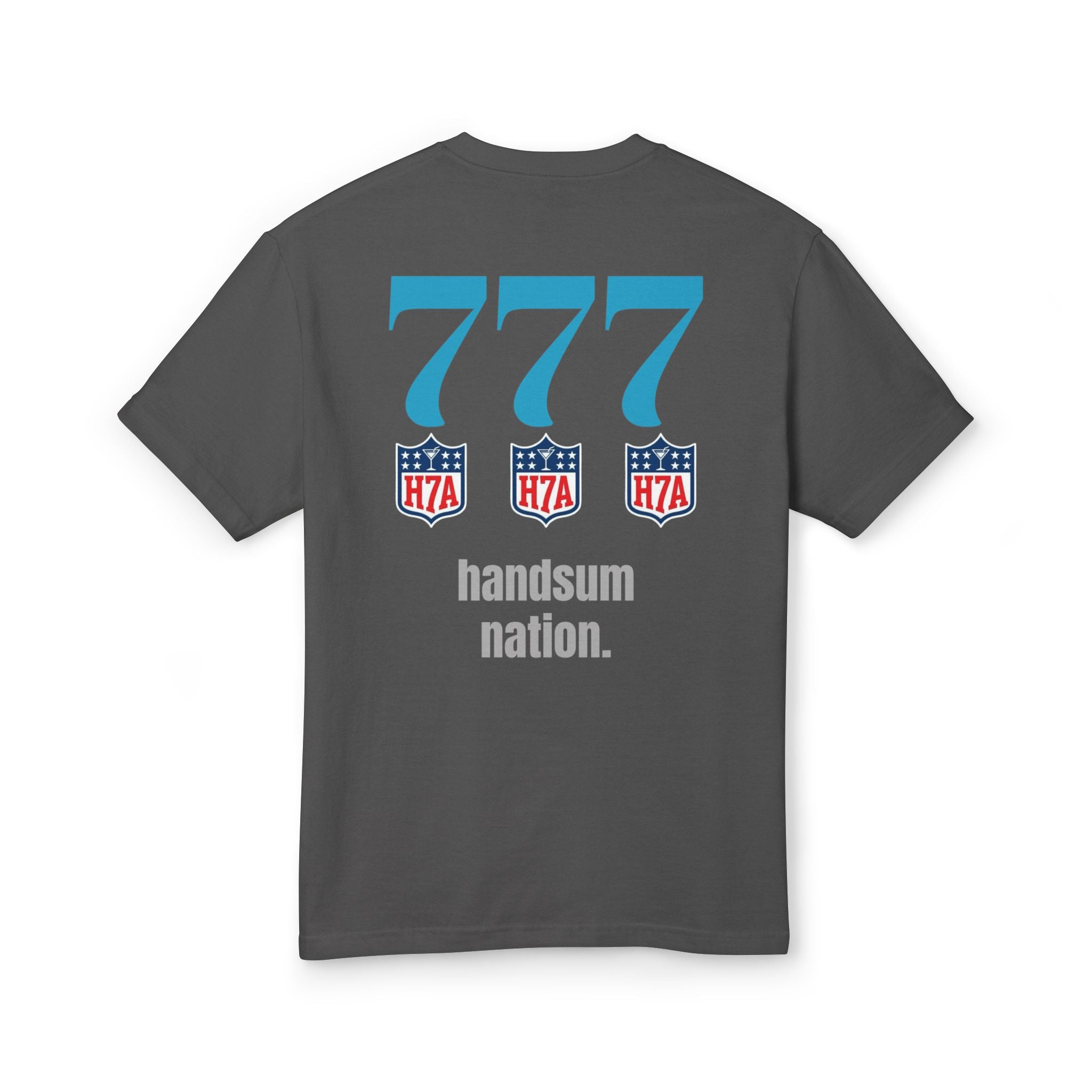 Charcoal cotton T-shirt back print: three 777 icons and handsum nation text