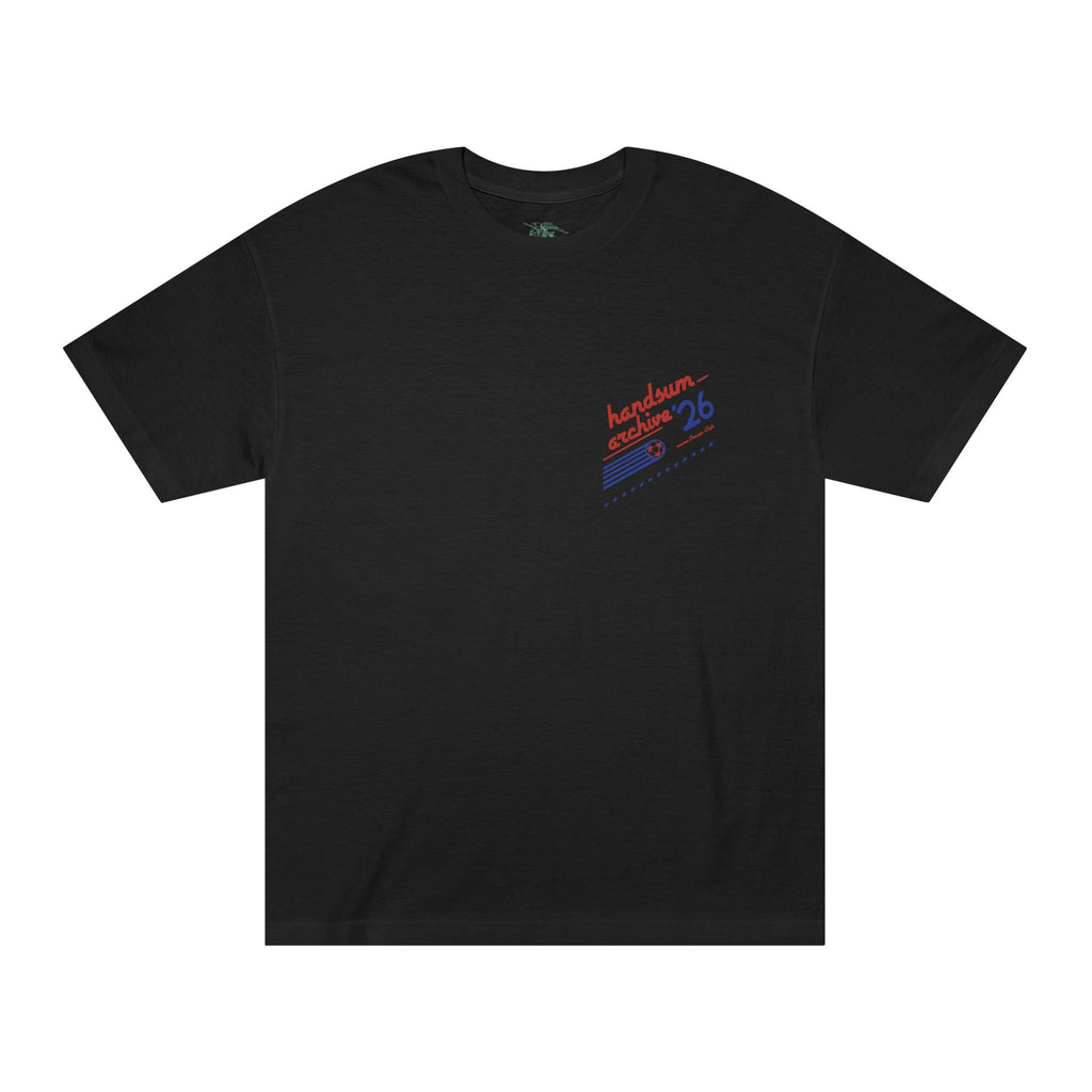 Black short-sleeve tee with small chest graphic logo