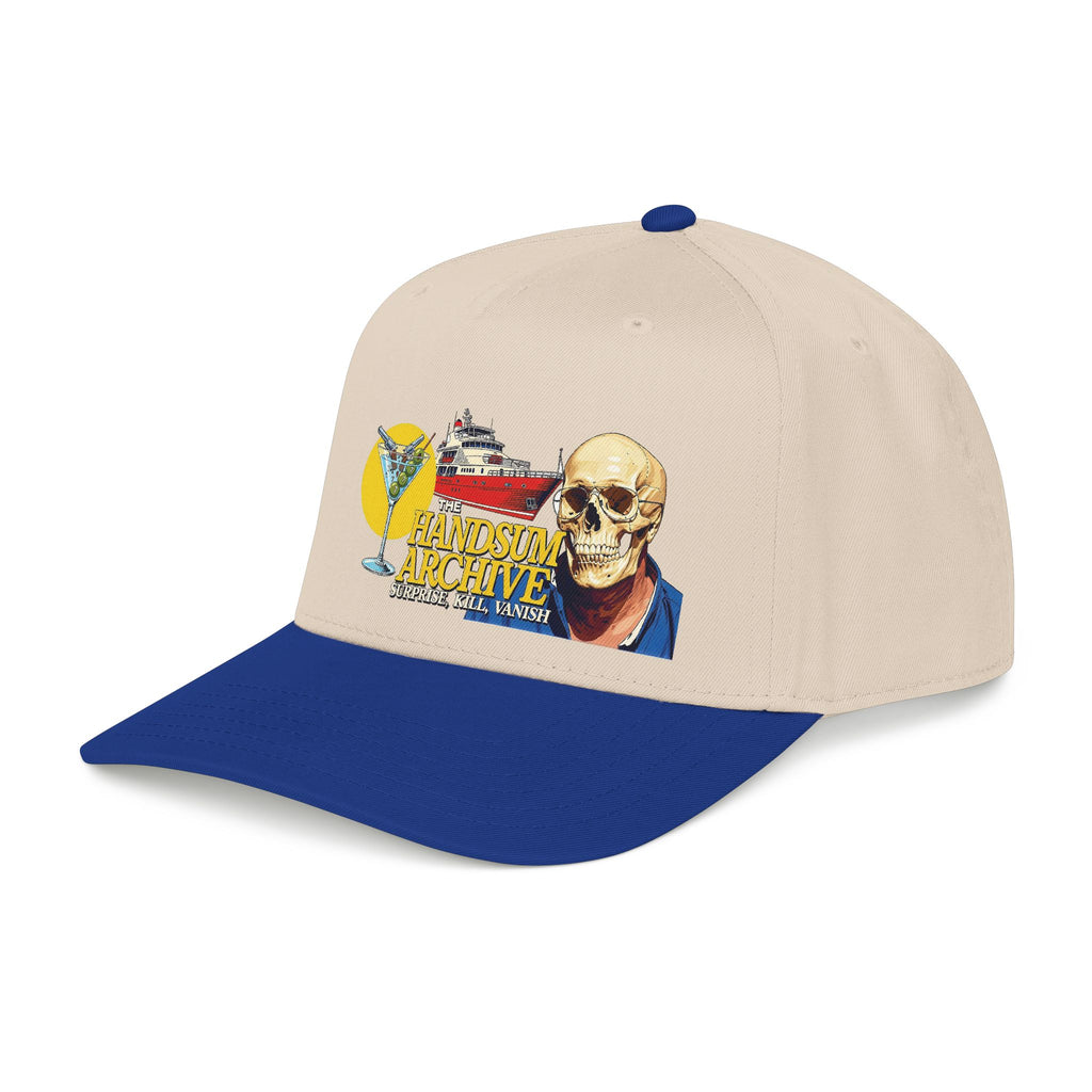 Natural baseball cap with royal blue brim and colorful skull graphic front panel