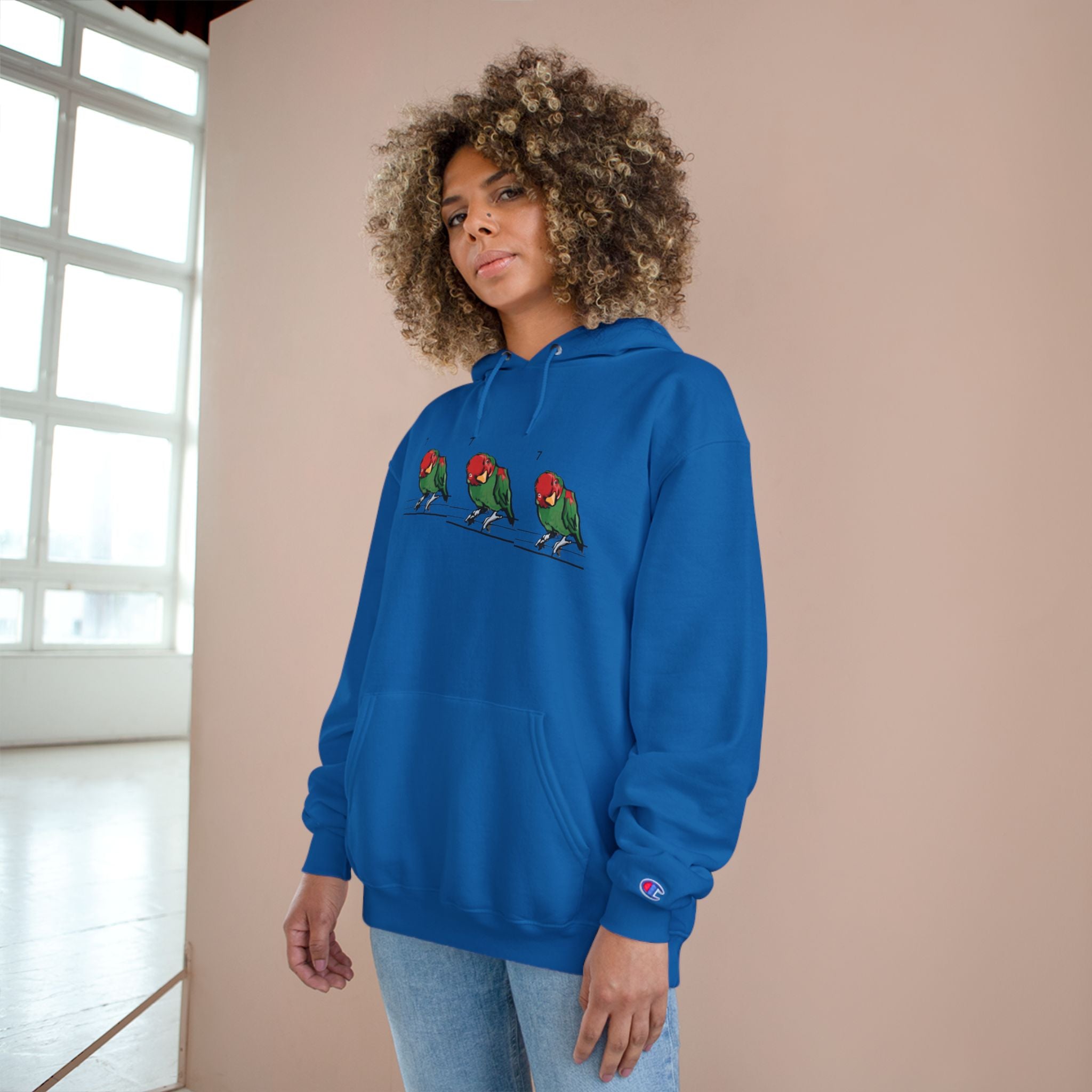 Royal blue hoodie with bird graphic across chest, hood drawstring