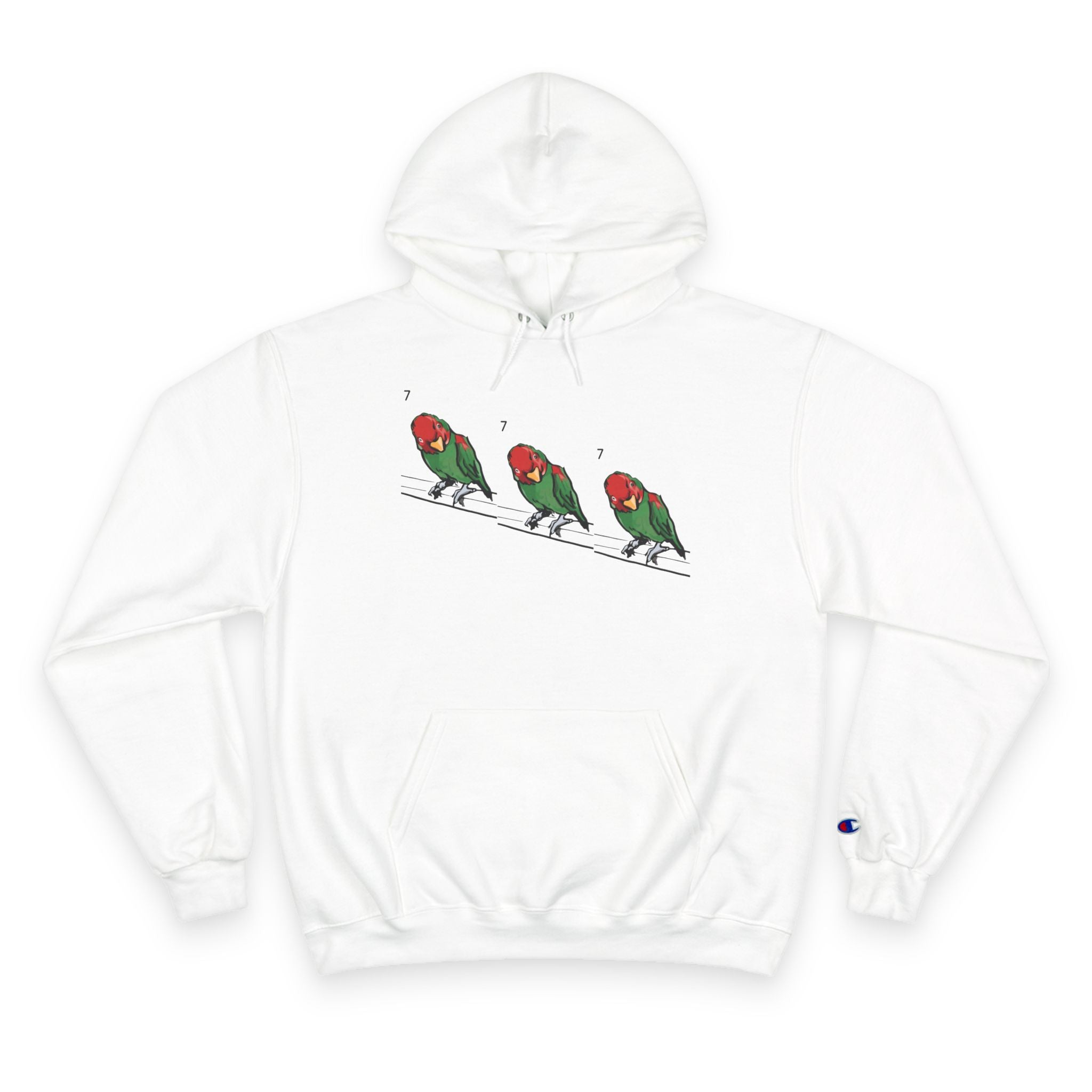 White pullover hoodie with bird lineup graphic, drawstring hood, front pocket, sleeve logo.