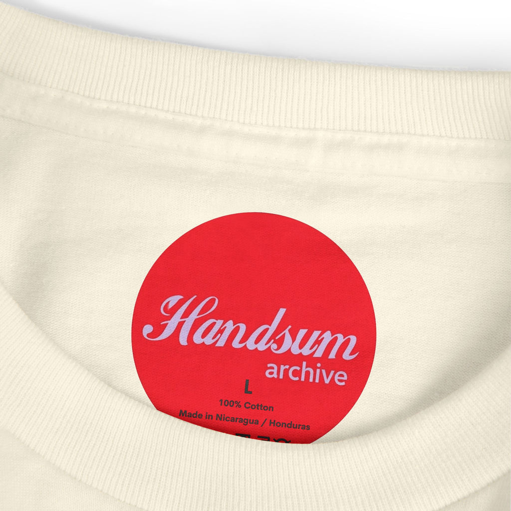 First in Flight tee neckline label, red Handsum archive logo on cream