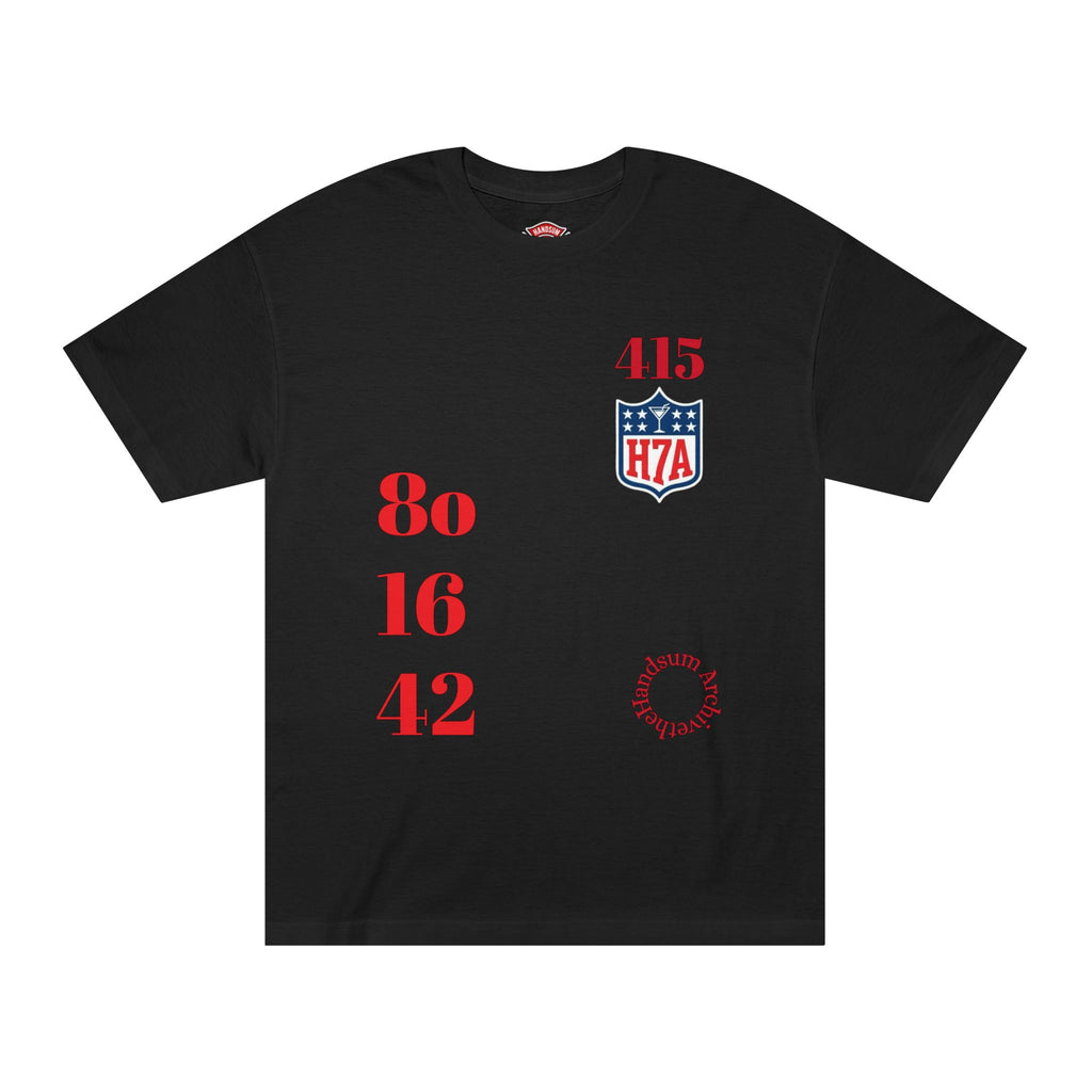 Black crewneck T-shirt with red 415 H7A logo, numbers 80/16/42, and circular badge