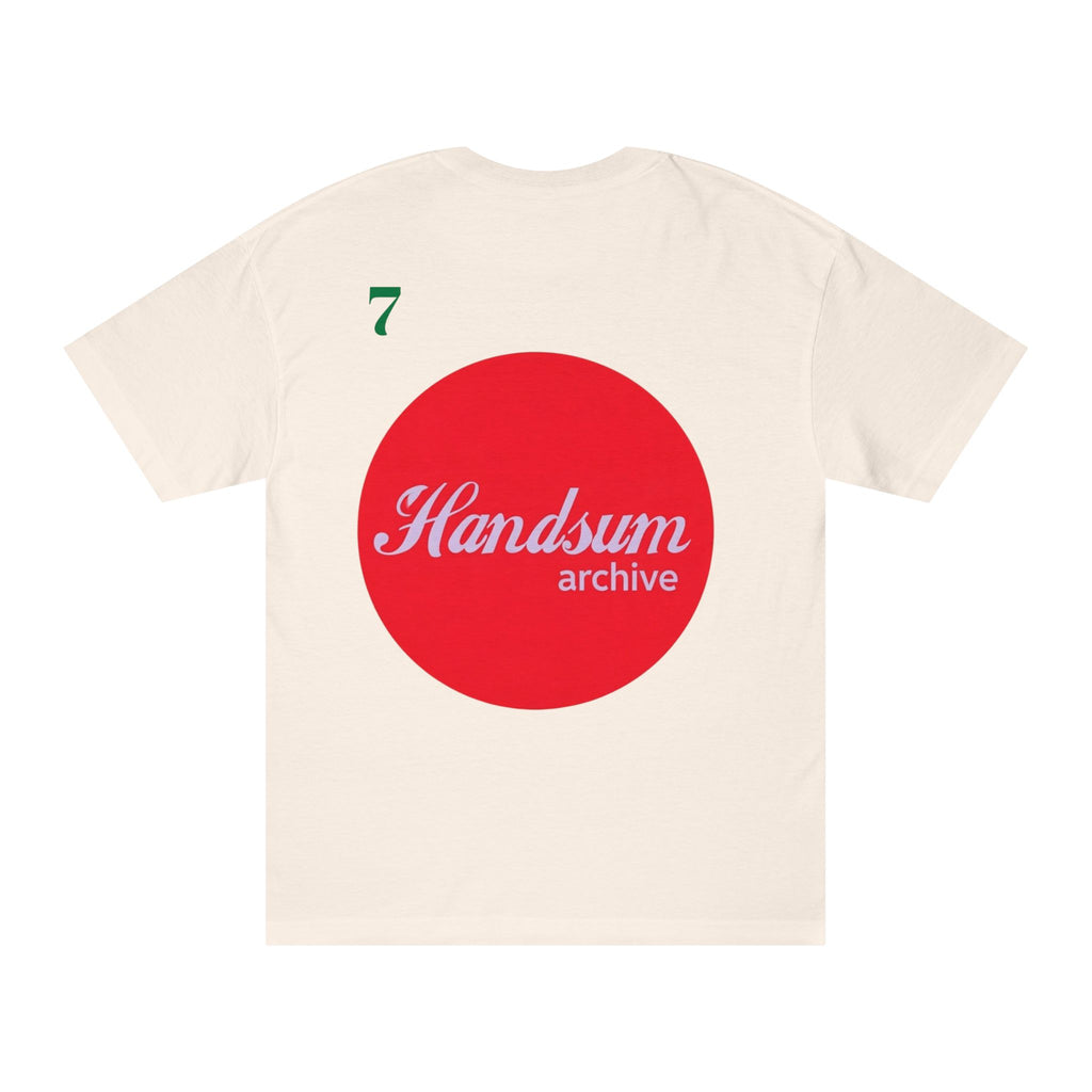 Cream crewneck tee with large red circle Handsum archive logo