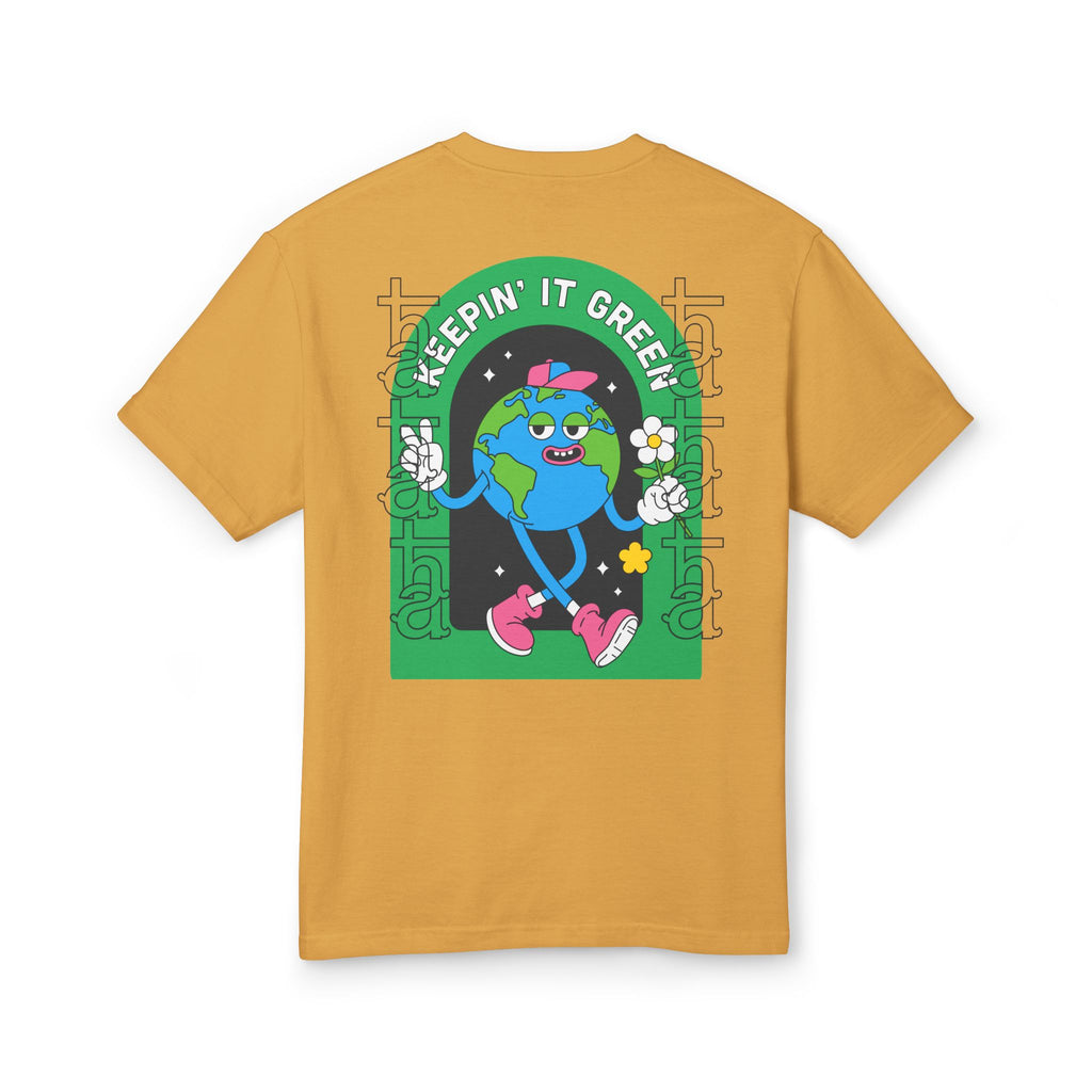 Mustard crew-neck cotton tee with 'Keepin' It Green' back graphic illustration