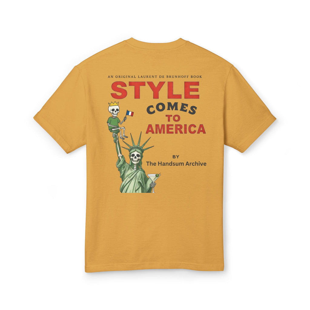 Mustard graphic T-shirt with Statue of Liberty-style back print