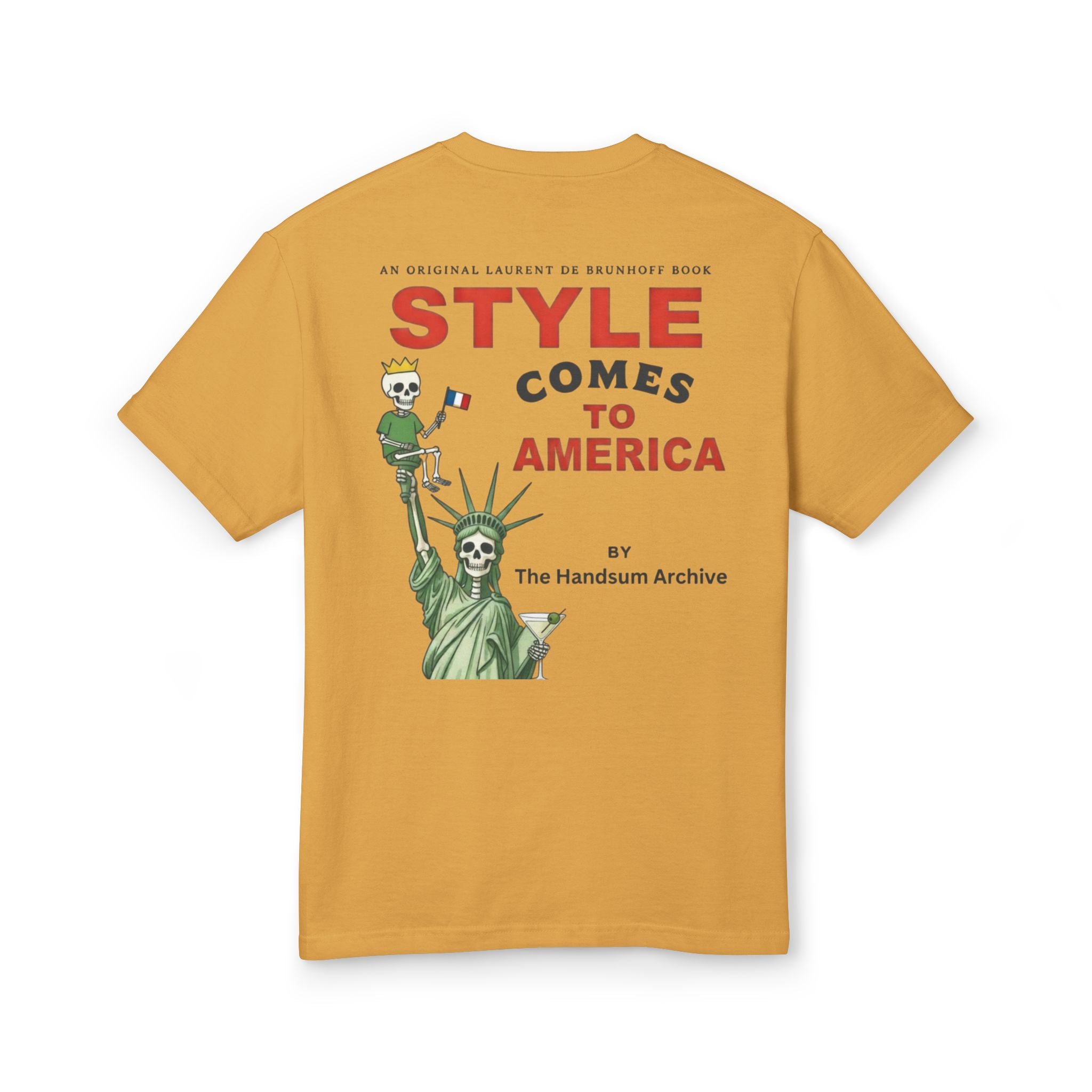 Mustard graphic T-shirt with Statue of Liberty-style back print