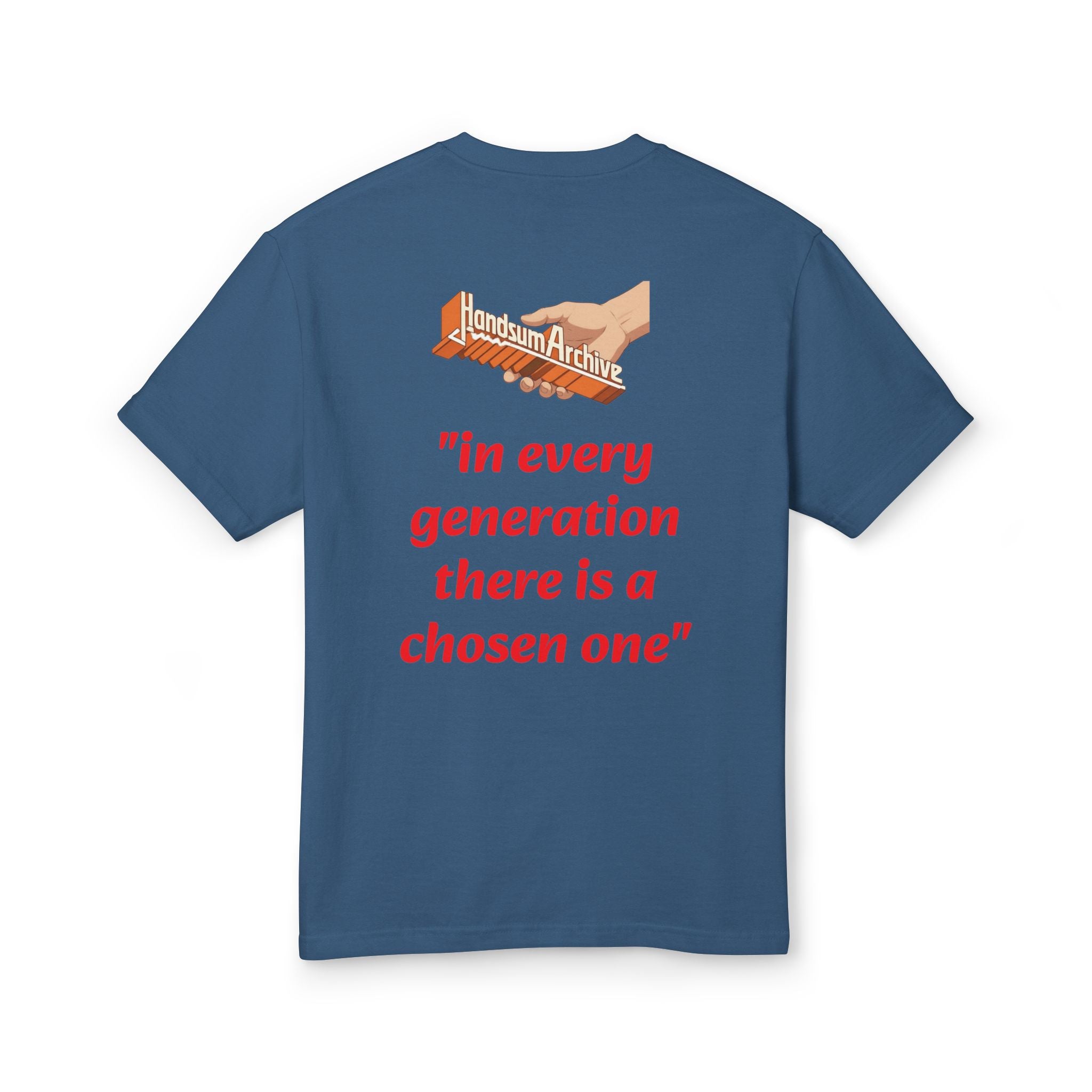 Faded navy generational tee with handsum archive banner and red quote on back