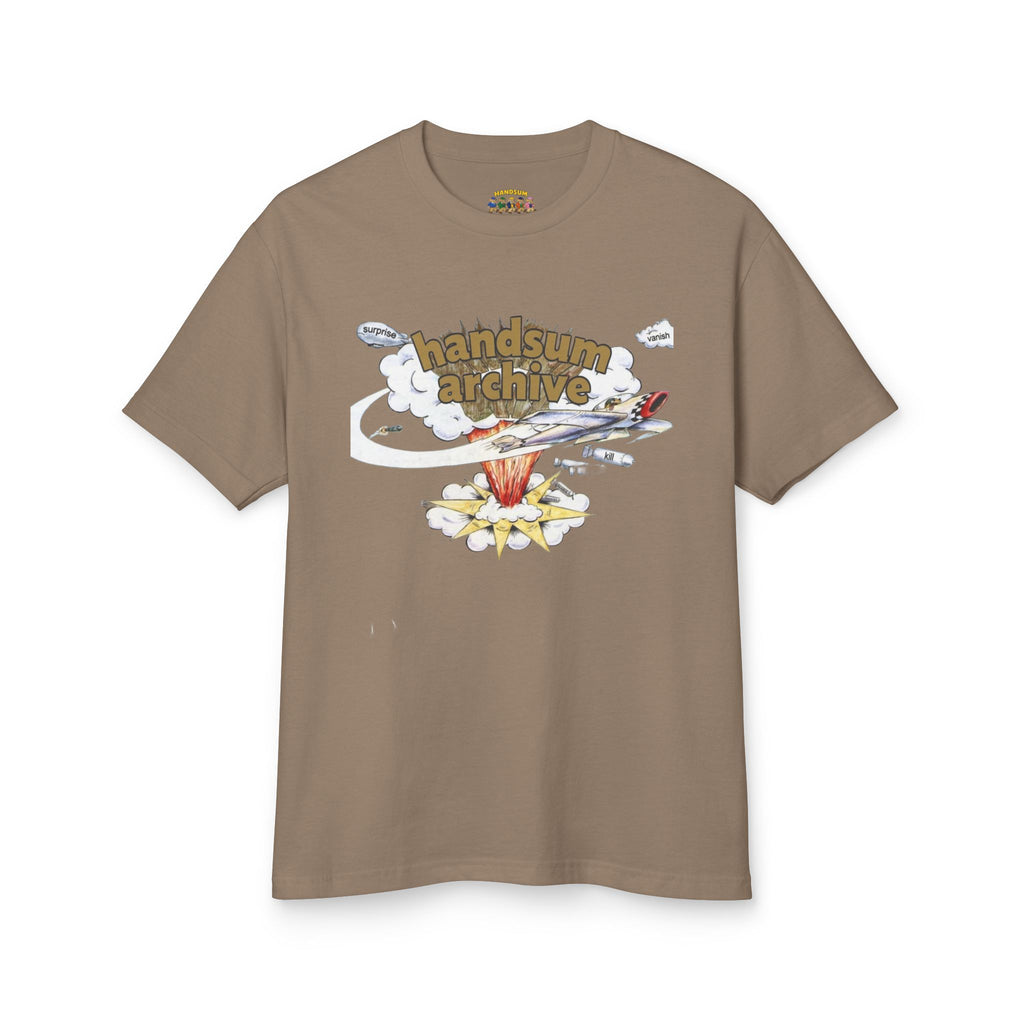 Faded brown graphic tee with handsum archive artwork on the front