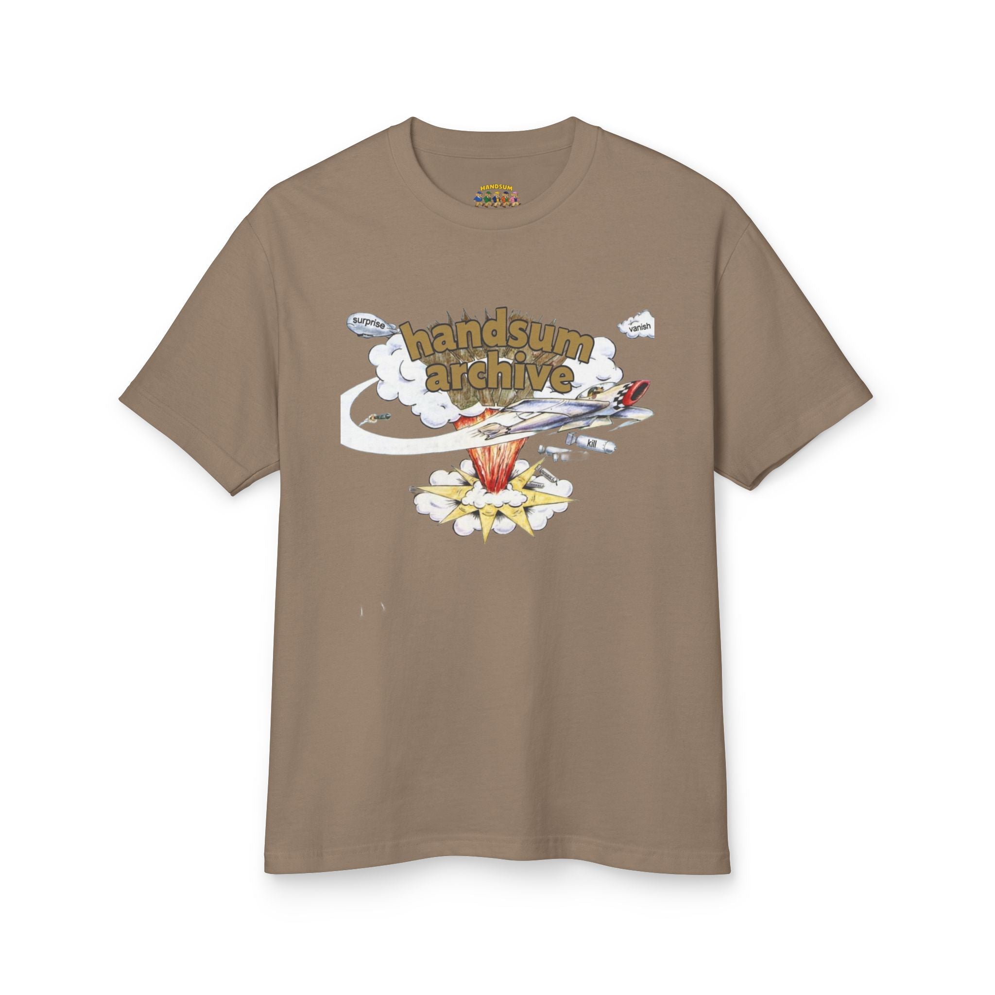 Faded brown graphic tee with handsum archive artwork on the front