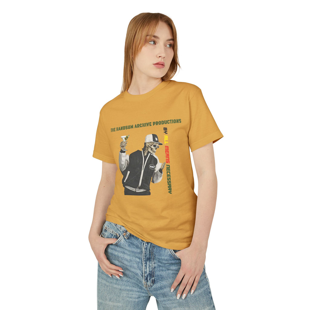 Mustard-brown cotton graphic T-shirt with character illustration and vertical red “LIFESTYLE” text