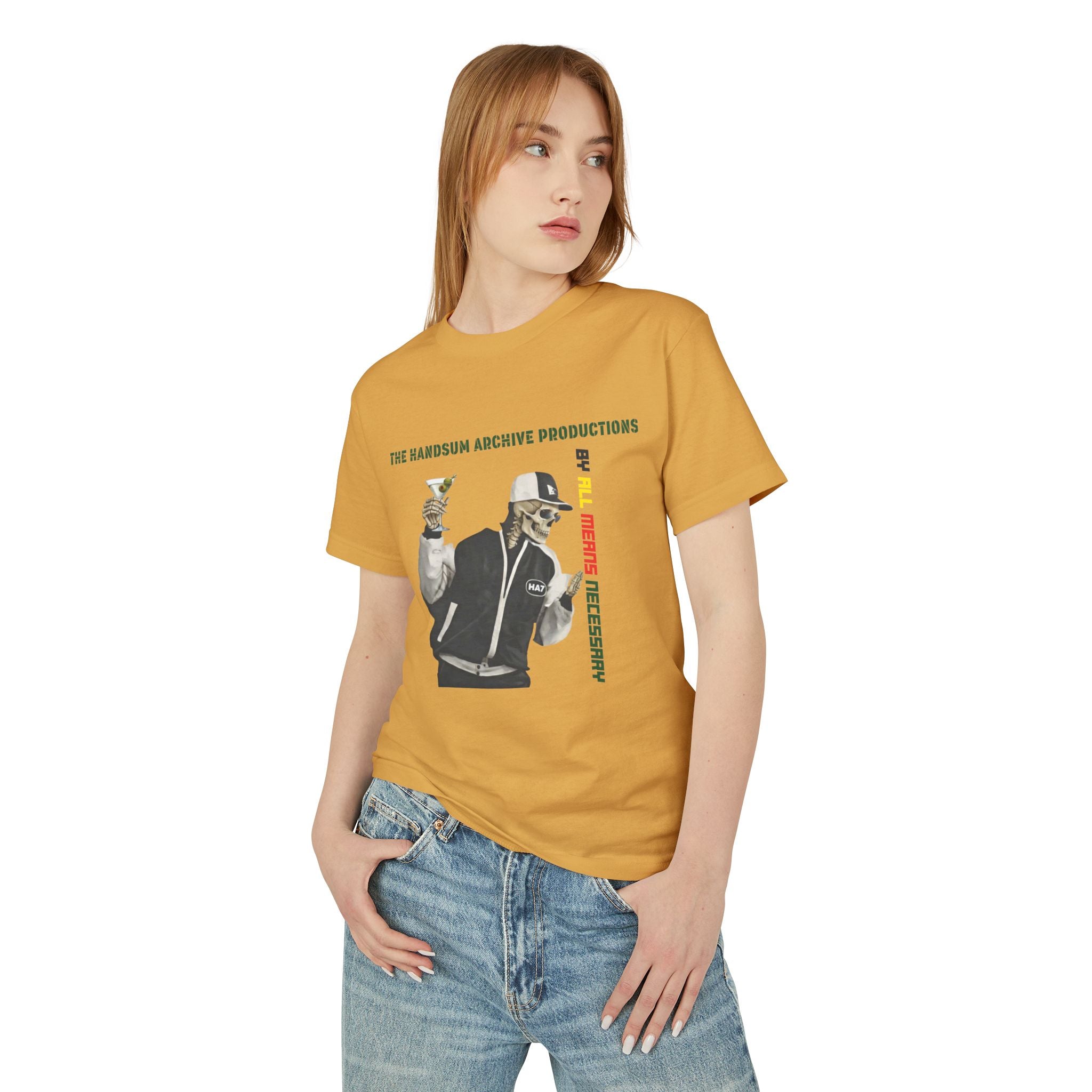 Mustard-brown cotton graphic T-shirt with character illustration and vertical red “LIFESTYLE” text