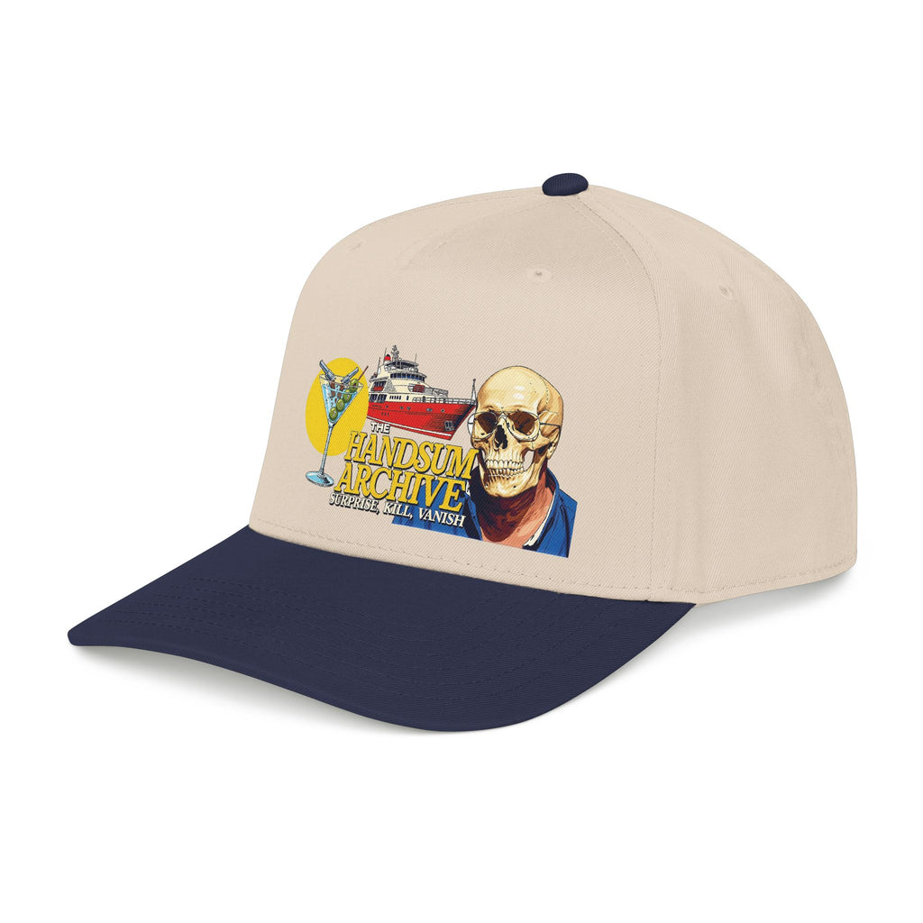 Natural baseball cap with navy brim and colorful skull graphic front panel