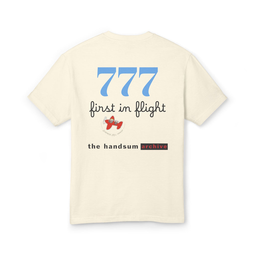 First in Flight tee in faded cream with blue 777 and back typography print