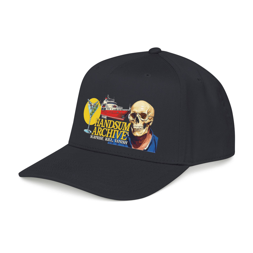 Black baseball cap with front graphic of skull and cocktail