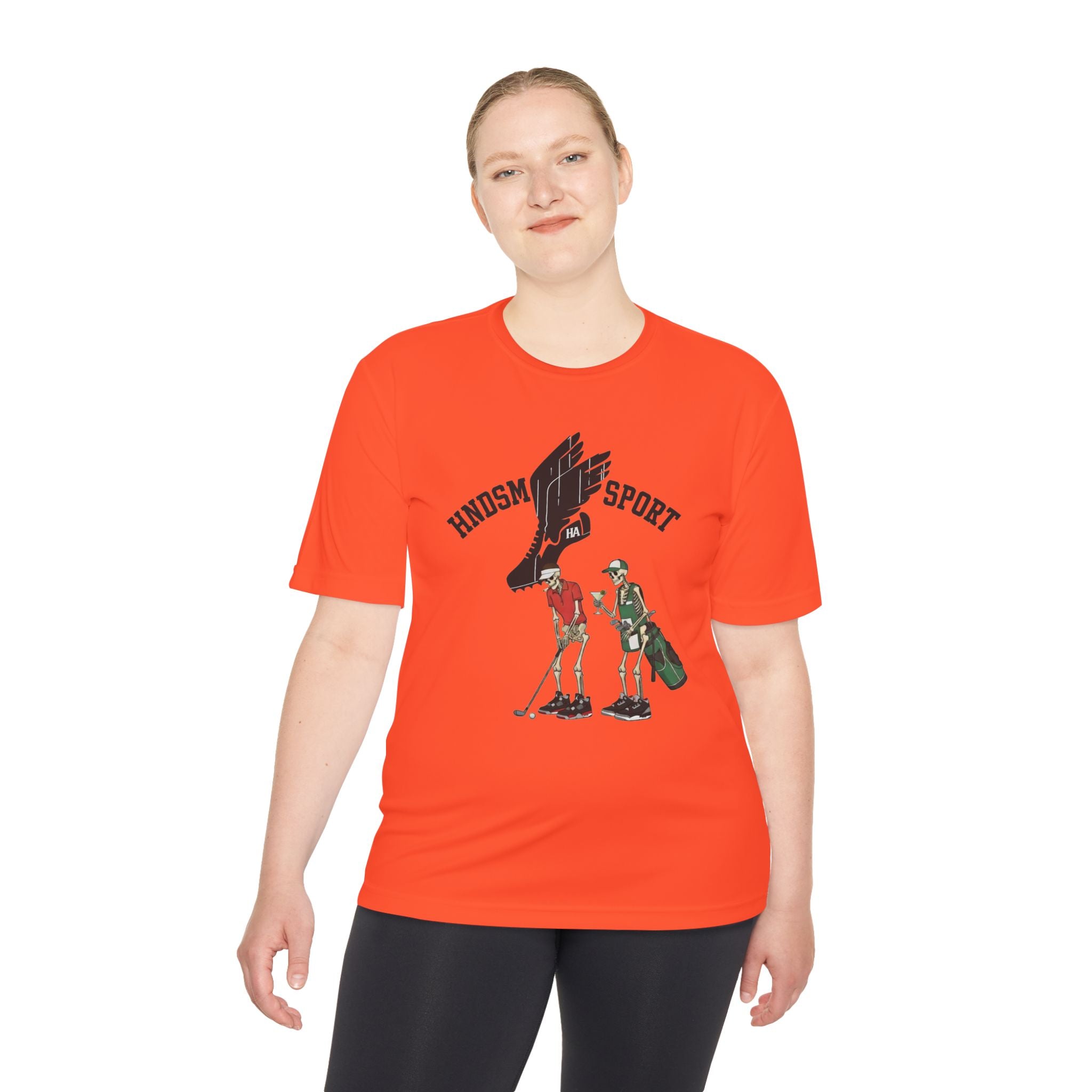 Orange T-shirt with front eagle and sport-themed characters graphic.