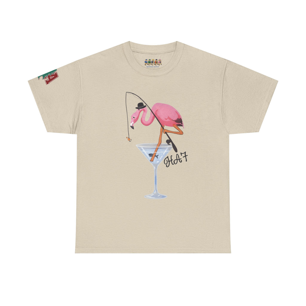 Beige T-shirt with pink flamingo and martini glass front graphic illustration.