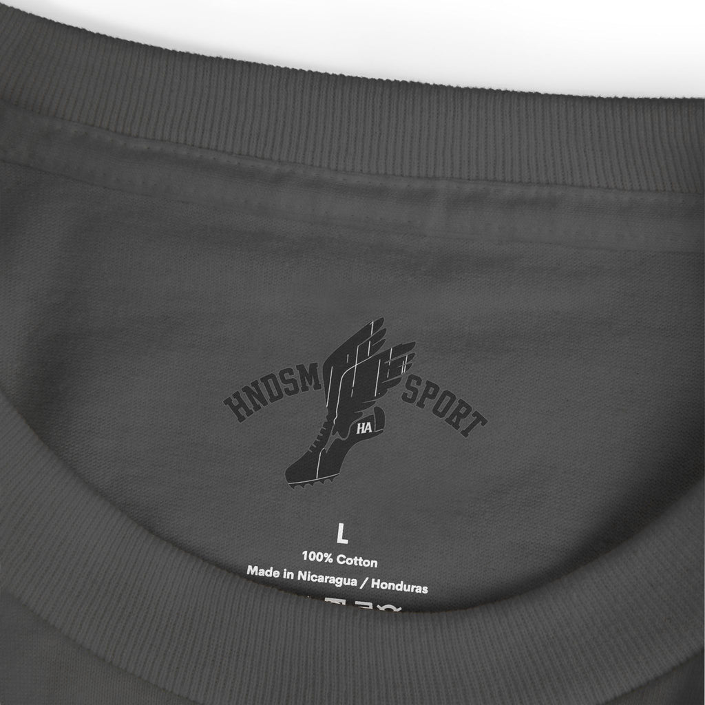 Dark gray tee close-up of ribbed crew neck and back foot graphic; size L tag