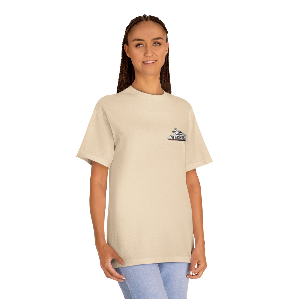 Sand crew-neck graphic tee with small left-chest yacht logo.