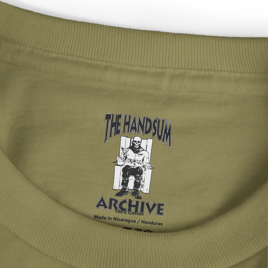 Marauders graphic tee in faded dark brown with "The Handsum Archive" print on neckline