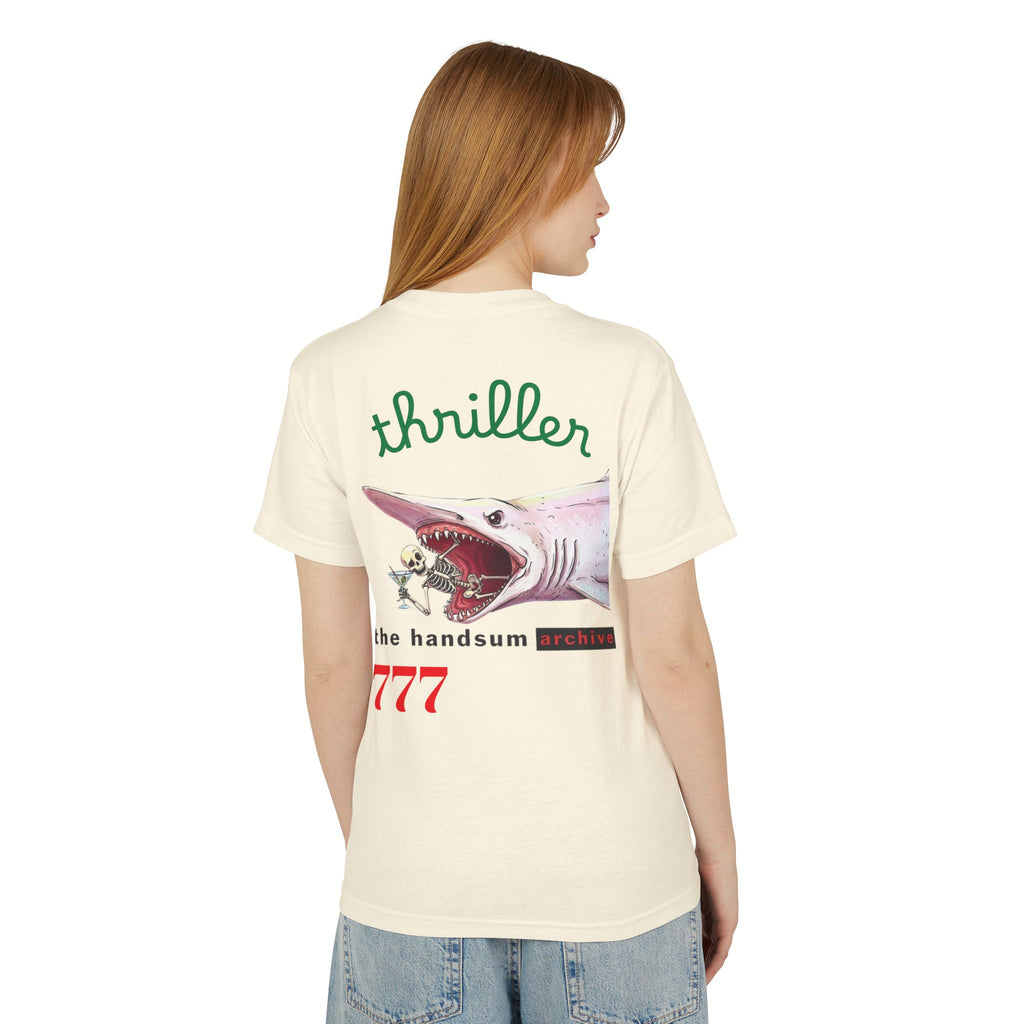Cream T-shirt back with shark illustration, handsum archive text, and 777