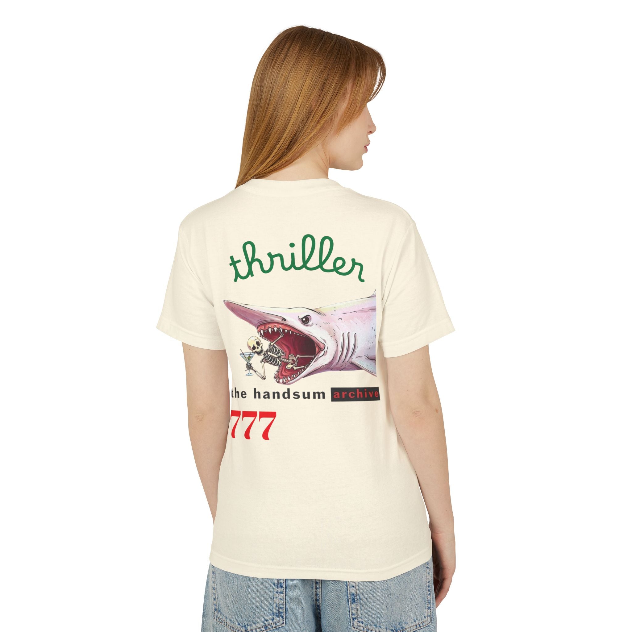Cream T-shirt back with shark illustration, handsum archive text, and 777